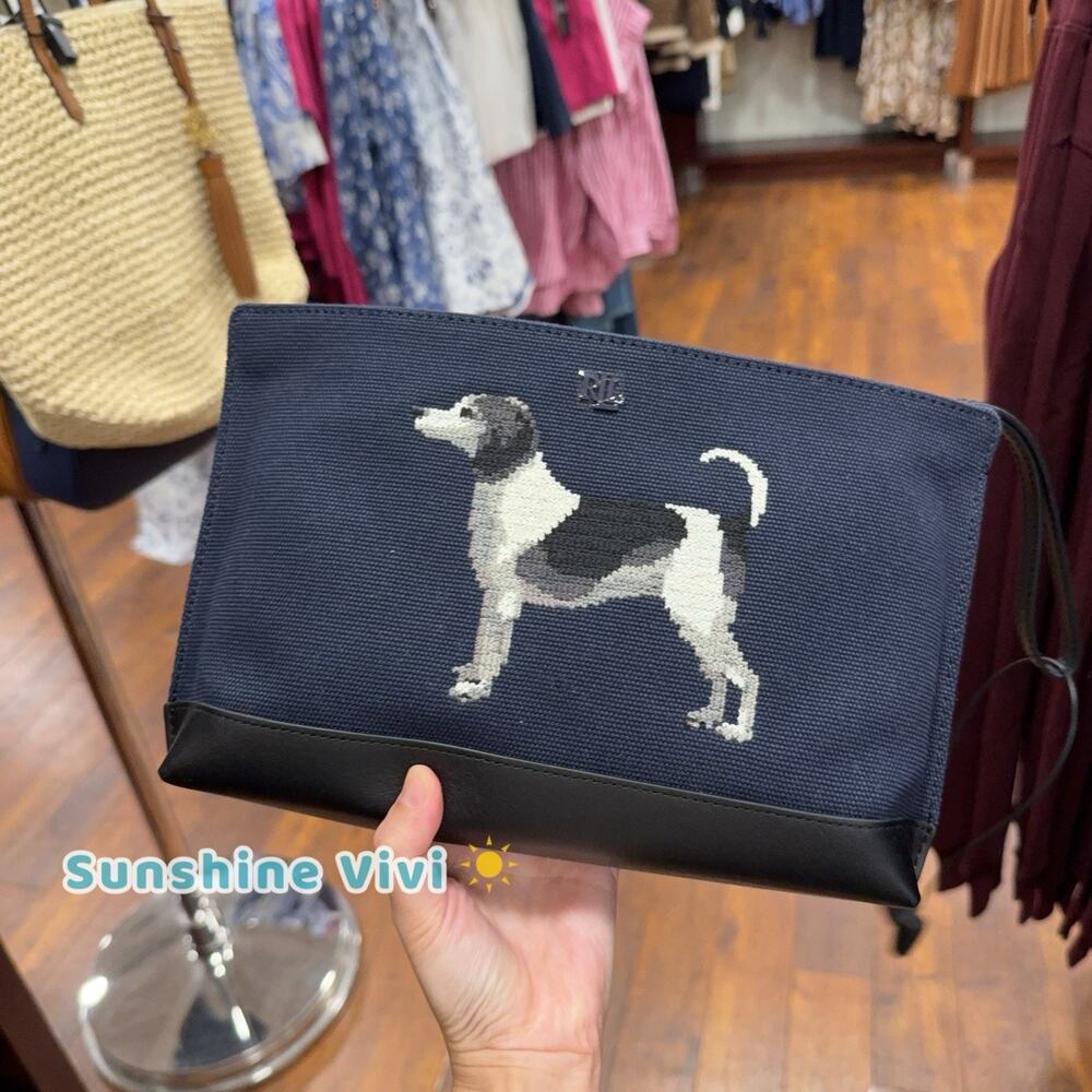 NWT Ralph Lauren Embroidered Dog Canvas Zip Pouch canvas Navy